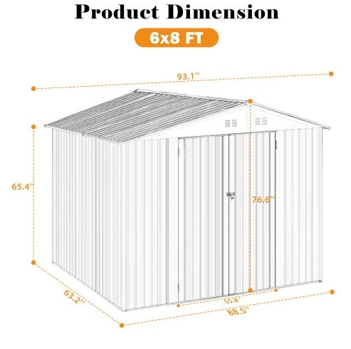 Outdoor Storage Shed 6FT × 8FT — Metal Anti-Corrosion Utility Tool House with Lockable Door