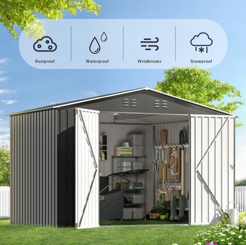 Outdoor Storage Shed 6FT × 8FT — Metal Anti-Corrosion Utility Tool House with Lockable Door